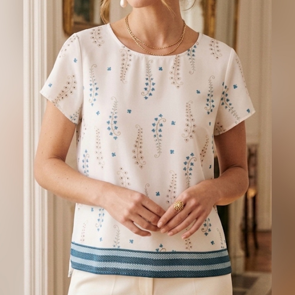 Ann Taylor Factory White Floral Mixed Media Knit‎ Back Top 461396 Large